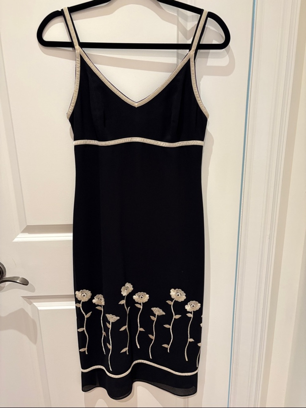 Femme de Carrière Black Floral Embroidered Slip Dress and Jacket with Cream Trim